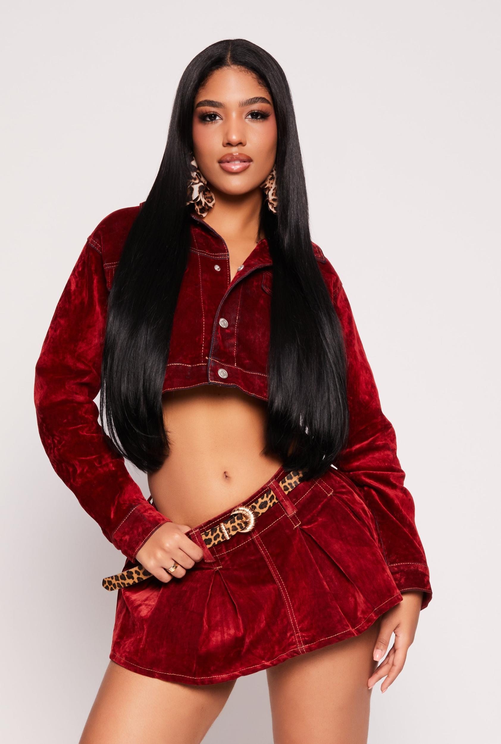 Womens Almost Famous Velvet Flocked Denim Jacket Product Image