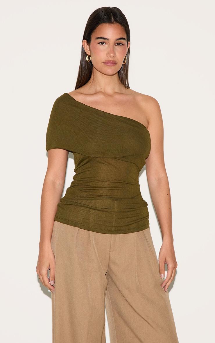 Olive Sheer Soft Touch Fold Over Detail One Shoulder Long Top Product Image
