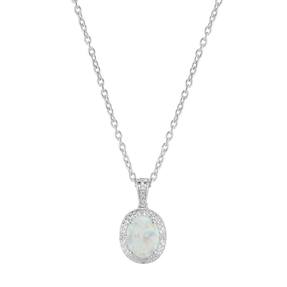 Sterling Silver Lab-Created White Opal & Diamond Accent Oval Halo Pendant, Women's Product Image