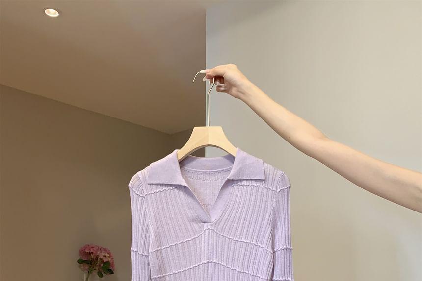 Long Sleeve Open Placket Plain Ribbed Knit Polo Top Product Image