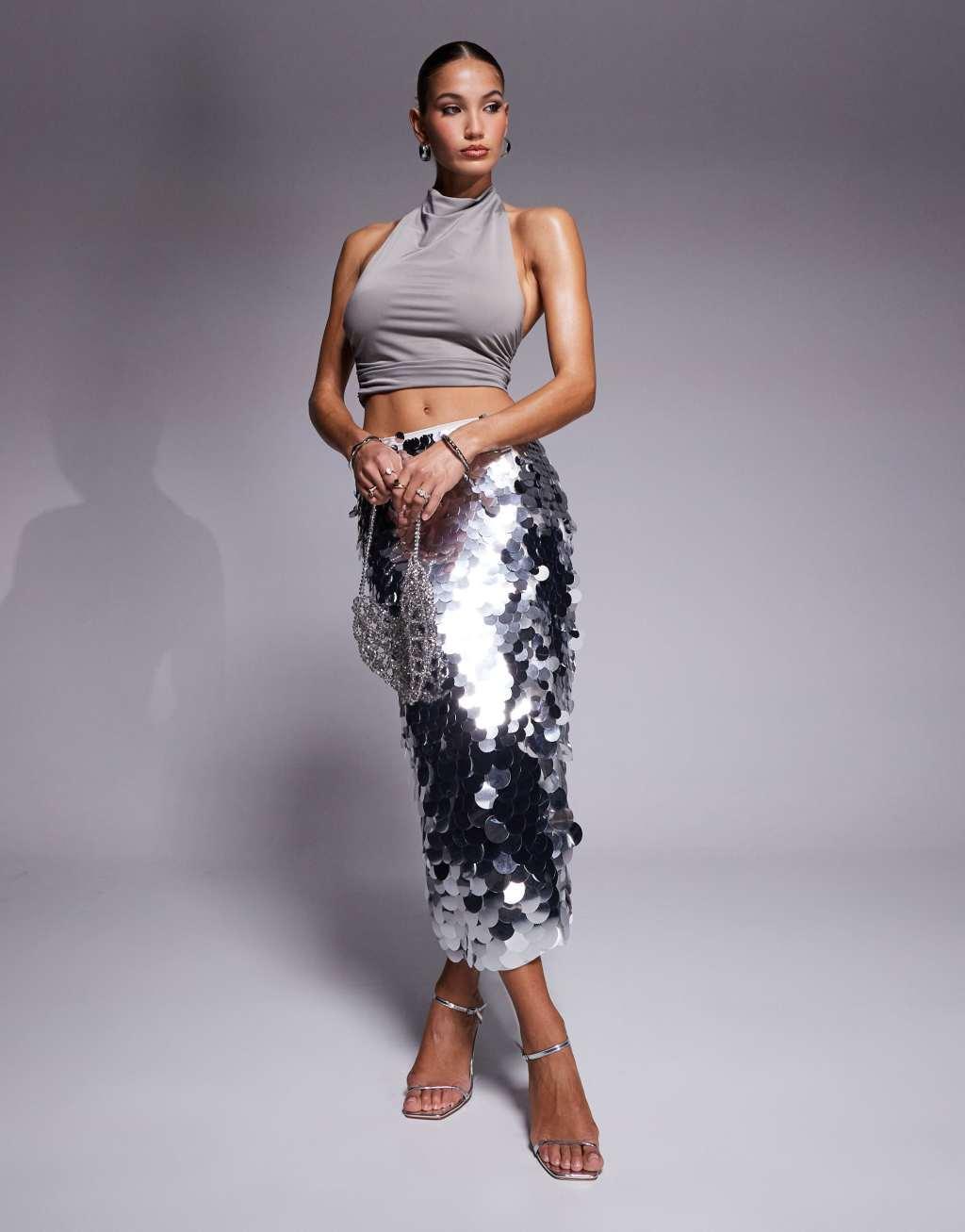 ASOS DESIGN large sequin midi skirt in silver Product Image