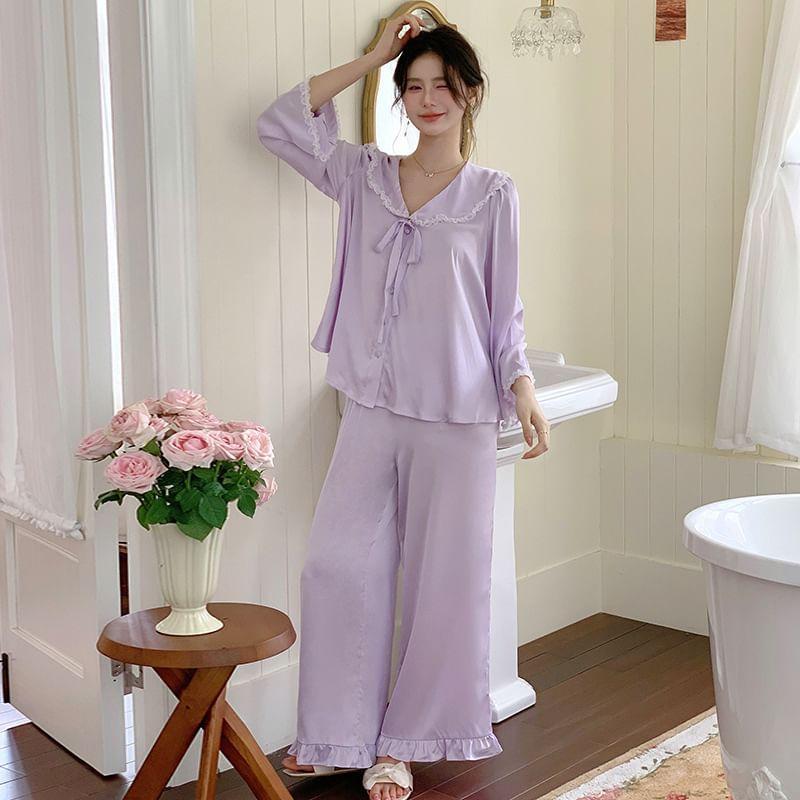 Pajama Set: Long-Sleeve Lace Trim Bow Button-Up Shirt + Pants Product Image
