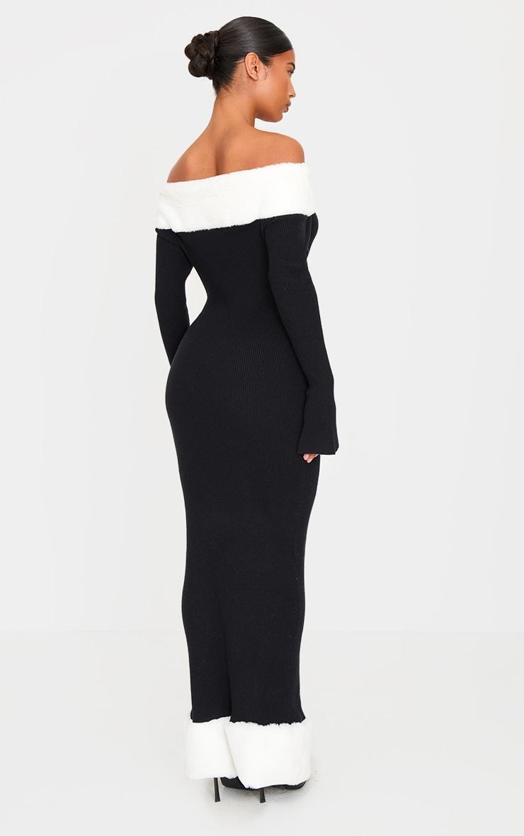 Black Rib Knit Contrast Fur Trim Bardot Maxi Dress Product Image