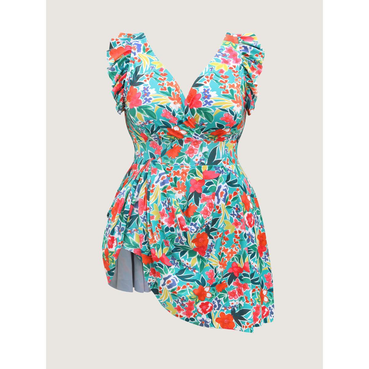 Plus Size Anti-Float Tie Ruffled Floral Swim Dress Women's Swimwear Malachitegreen Beach Bodycon Overlap Collar High stretch Curve Swim Dresses BloomChic 10/M Product Image