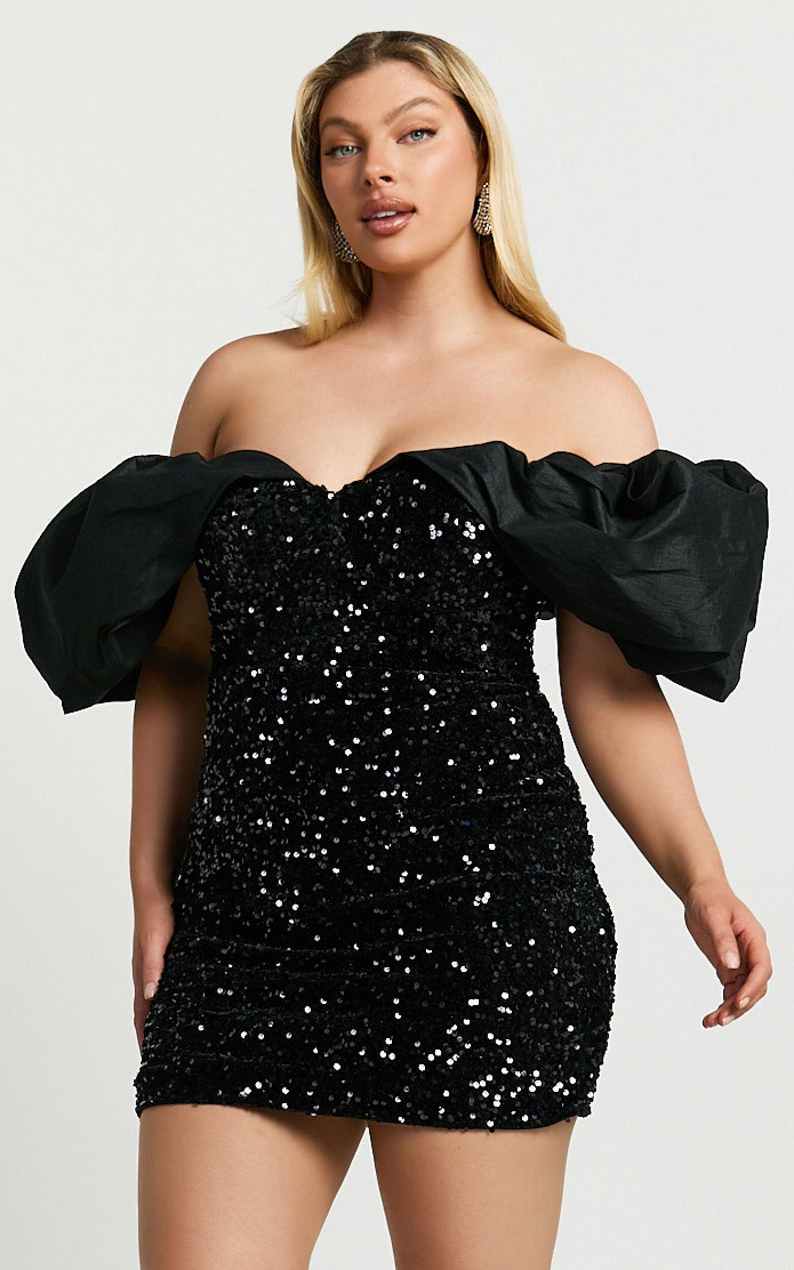 Delphine Mini Dress - Off Shoulder Sequin Bodycon Dress in Black Product Image