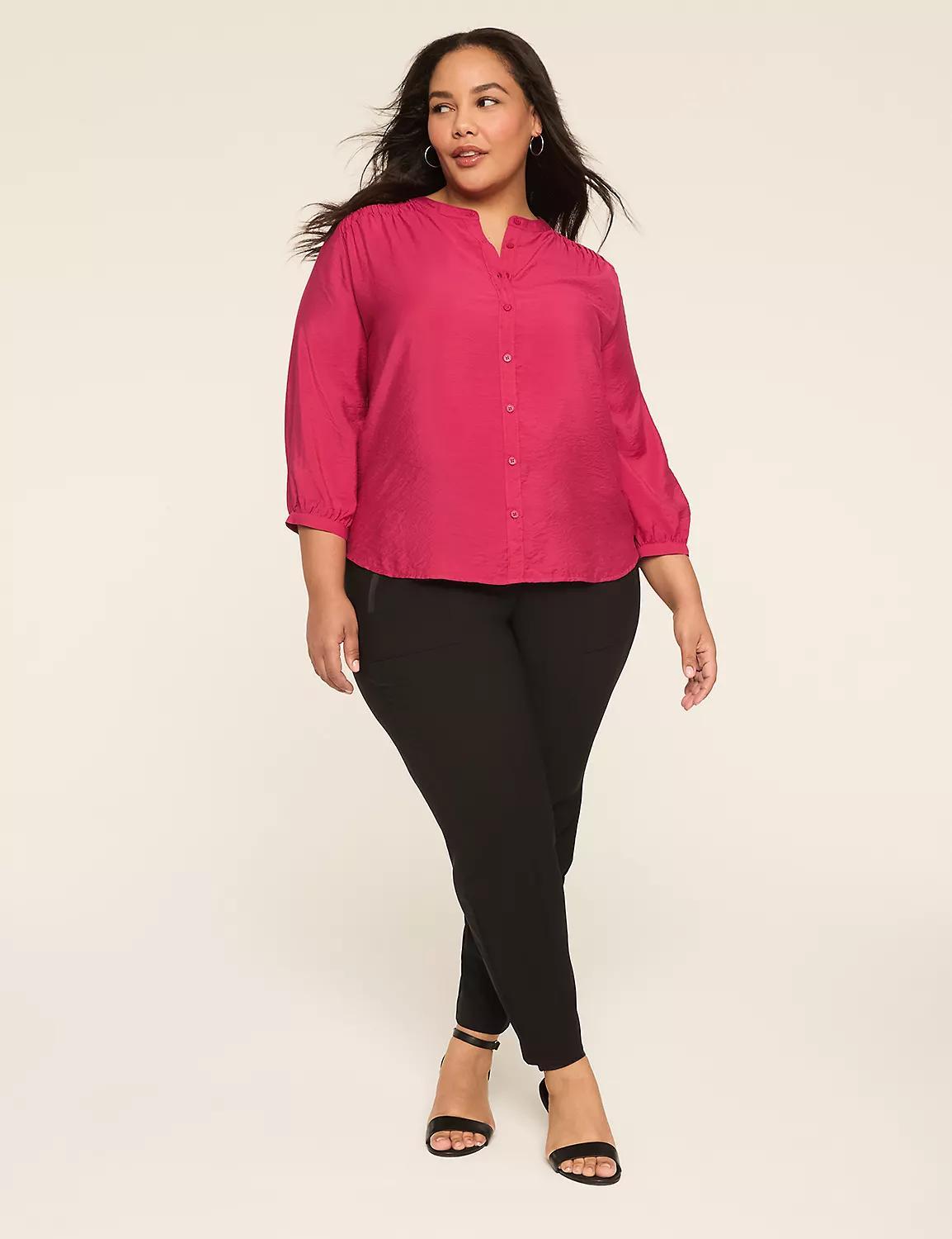 3/4-Sleeve Crew-Neck Button-Front Top Product Image
