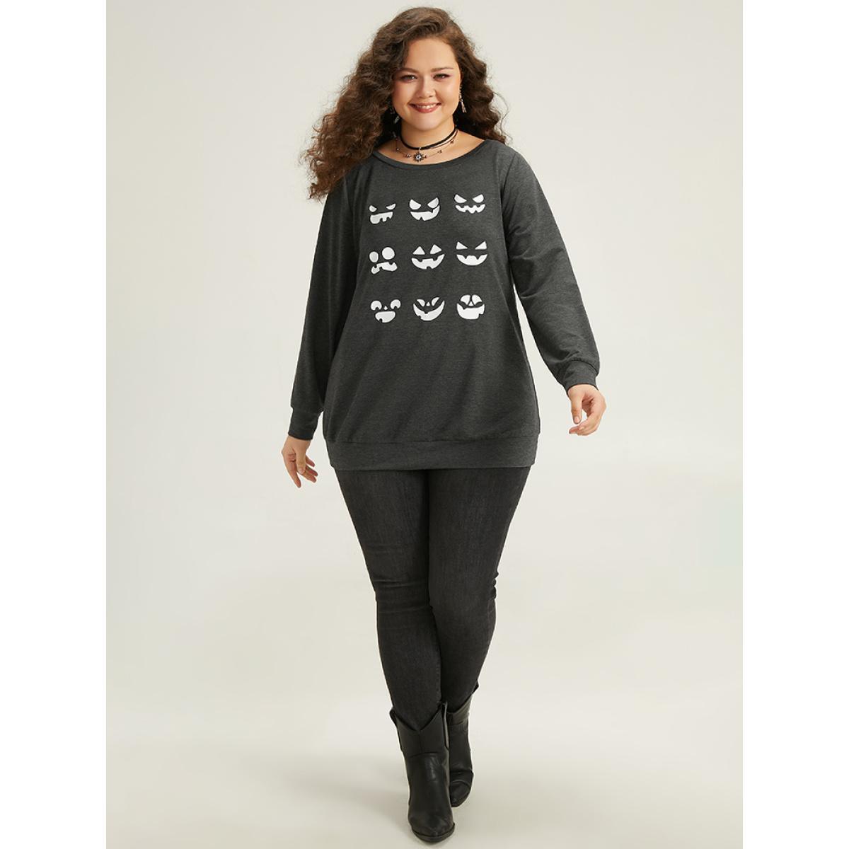 Plus Size Round Neck Halloween Print Sweatshirt Women DimGray Casual Printed Festival-Halloween Sweatshirts BloomChic 18-20/2X Product Image