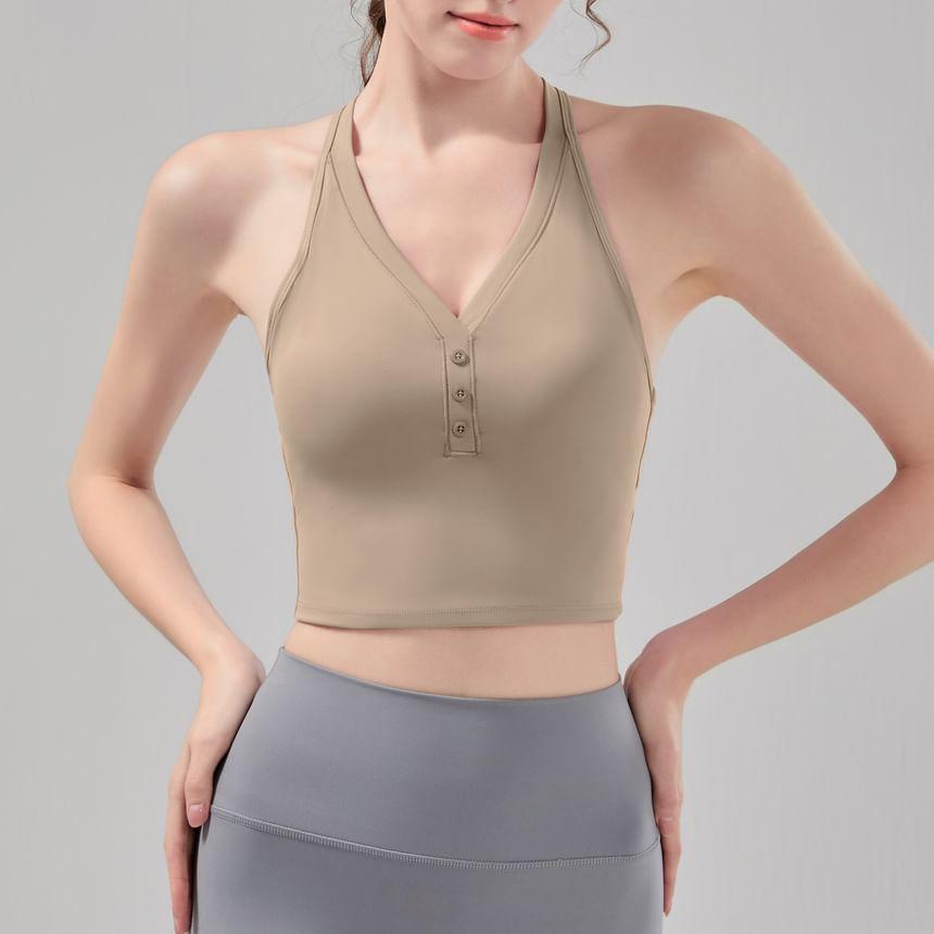 V-Neck Plain Button Sports Bra Product Image