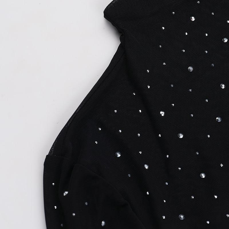 Long-Sleeve Mock Neck Rhinestone Mesh Crop Top Product Image