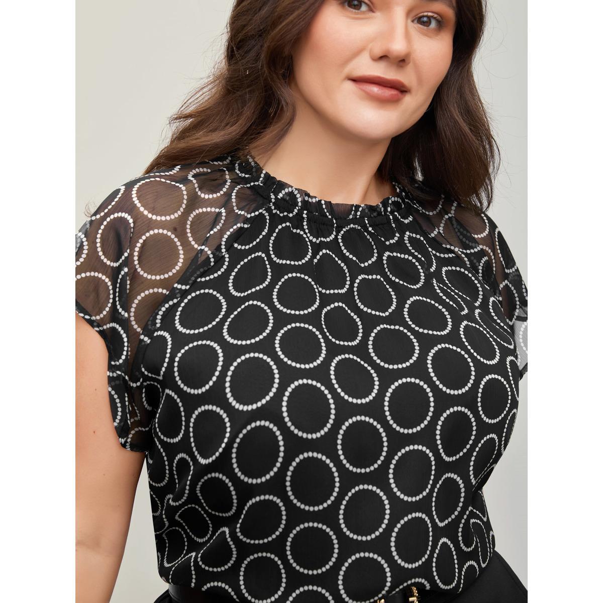 Plus Size Black Polka Dot Mock Neck Mesh Patchwork Blouse Women Workwear Essentials Cap Sleeve Round Neck Work Blouses BloomChic 10/M Product Image