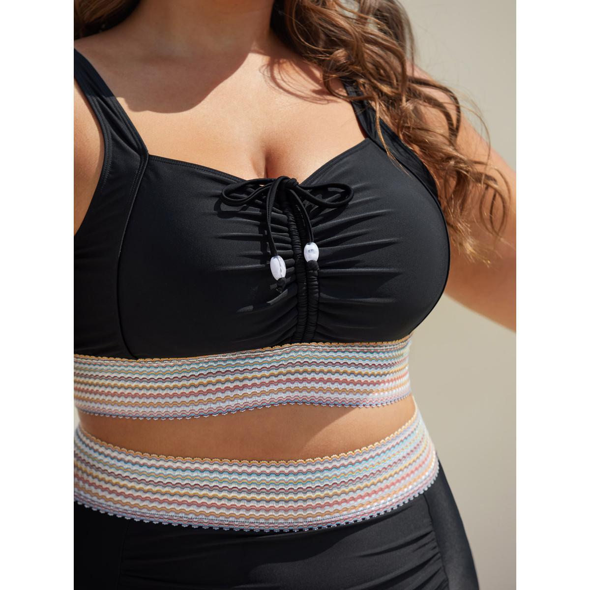 Plus Size Patchwork Ruched Drawstring Swim Top Women's Swimwear Black Beach Patchwork High stretch Skinny Non Curve Swim Tops BloomChic 30/6X Product Image