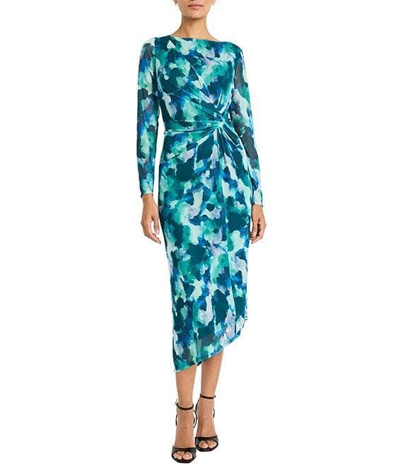 Maggy London Printed Power Mesh Boat Neck Illusion Long Sleeve Side Ruched Asymmetrical Drape Sheath Dress Product Image