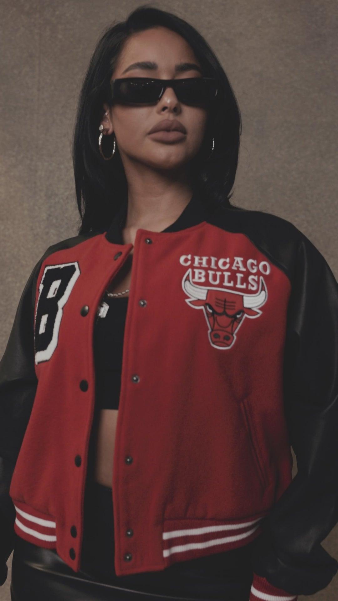 Bulls Cropped Letterman Jacket - Red/Black Product Image