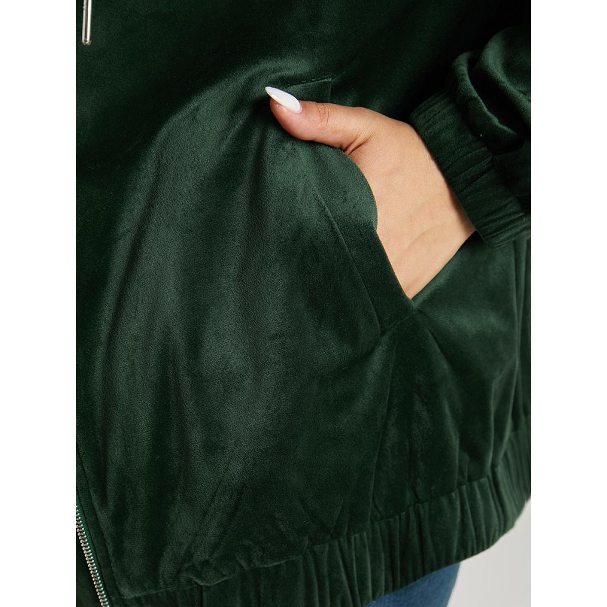 Plus Size Velvet Zipper Pocket Drawstring Hooded Jacket Women Emerald Elastic cuffs Pocket Dailywear Jackets BloomChic 30/6X Product Image
