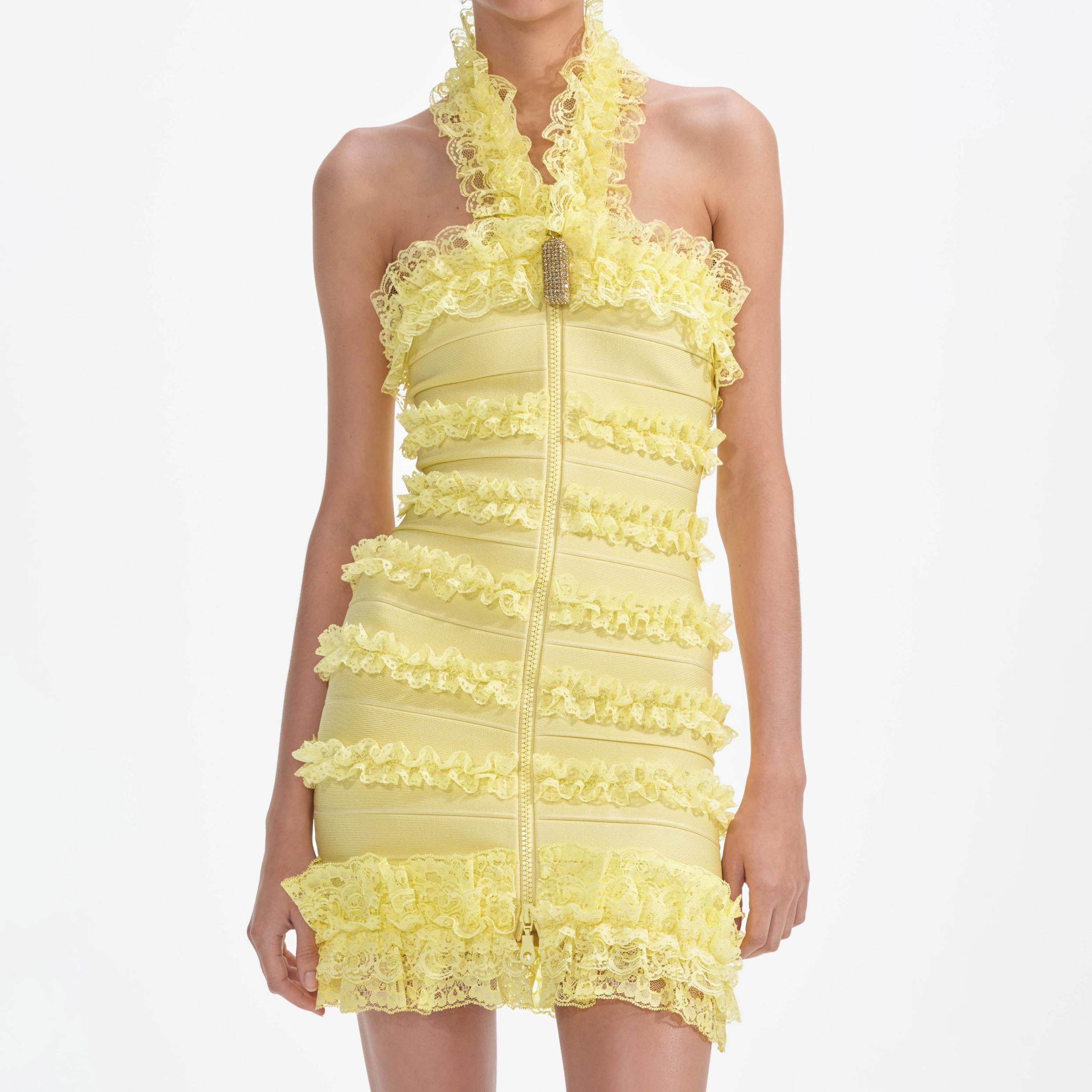 Yellow Knit Zip Ruffle Mini Dress Product Image