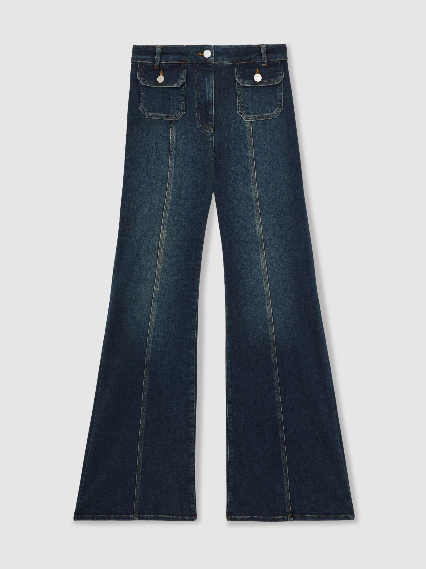 Petite Button-Pocket Flared Jeans in Mid Blue Product Image