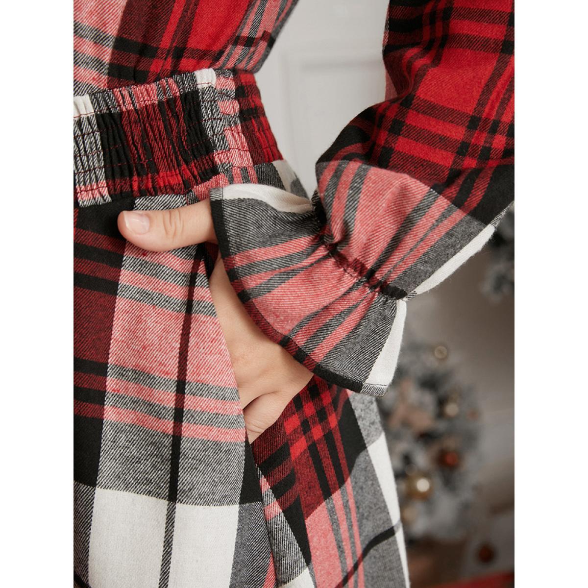 Plus Size Plaid Shirred Pocket Lantern Sleeve Wrap Midi Dress Without Belt Scarlet Women Elegant Wrap Overlap Collar Long Sleeve Curvy Midi Dress BloomChic 10/M Product Image