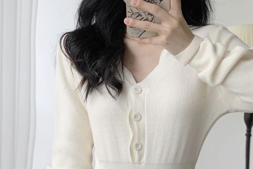Long-Sleeve Henley Plain Midi A-Line Knit Dress Product Image