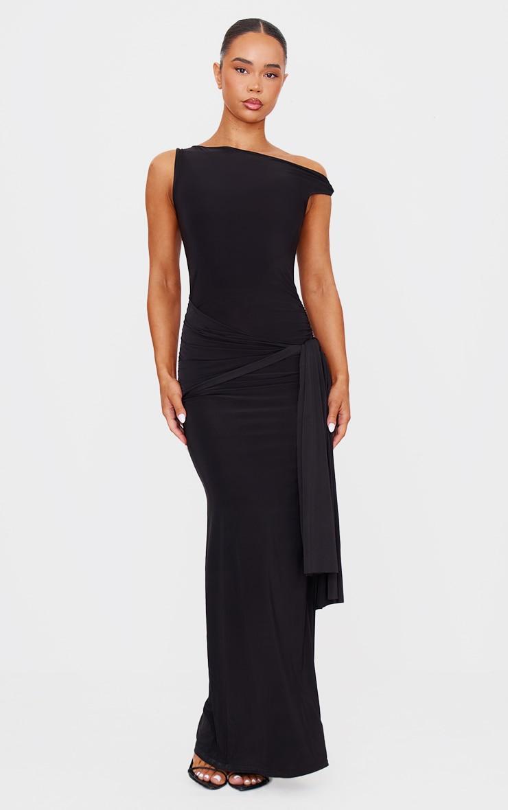 Black Slinky Off Shoulder Wrap Detail Maxi Dress Product Image