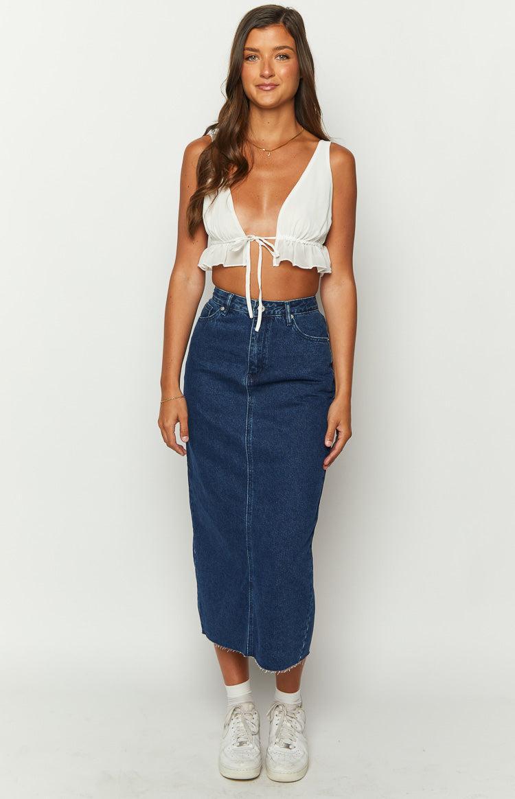 Isla Dark Denim Midi Skirt Product Image