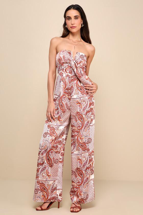 Aesthetic Perfection Ivory Paisley Tie-Front Strapless Jumpsuit Product Image