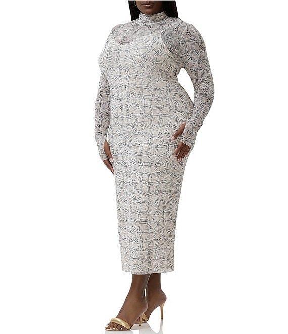 AFRM Plus Shailene Lace Plaid Print Turtleneck Long Sleeve Midi Dress Product Image