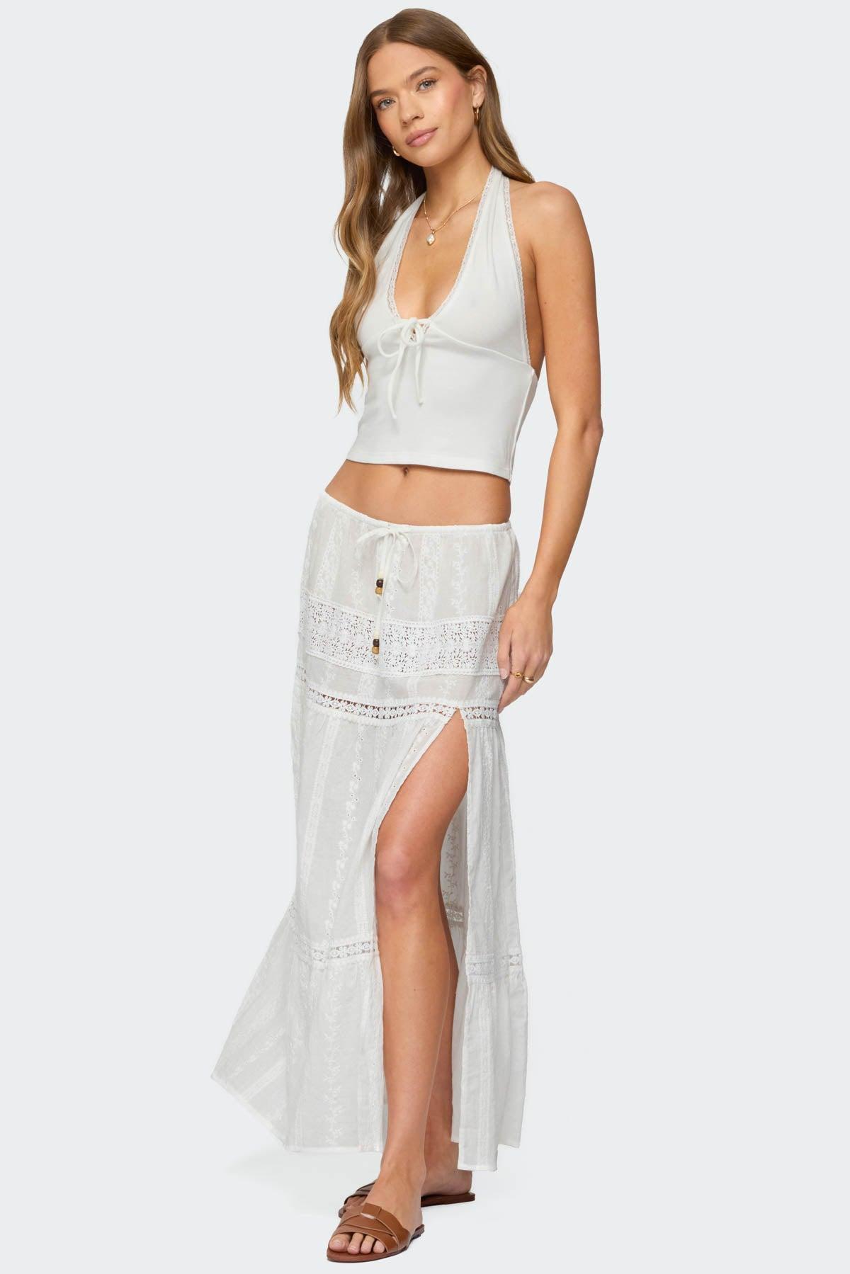Embroidered Cotton Lace Slitted Maxi Skirt Product Image