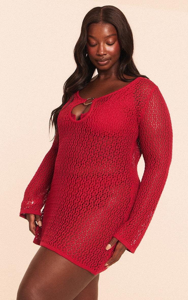Plus Burgundy Crochet O Ring Mini Beach Dress Product Image