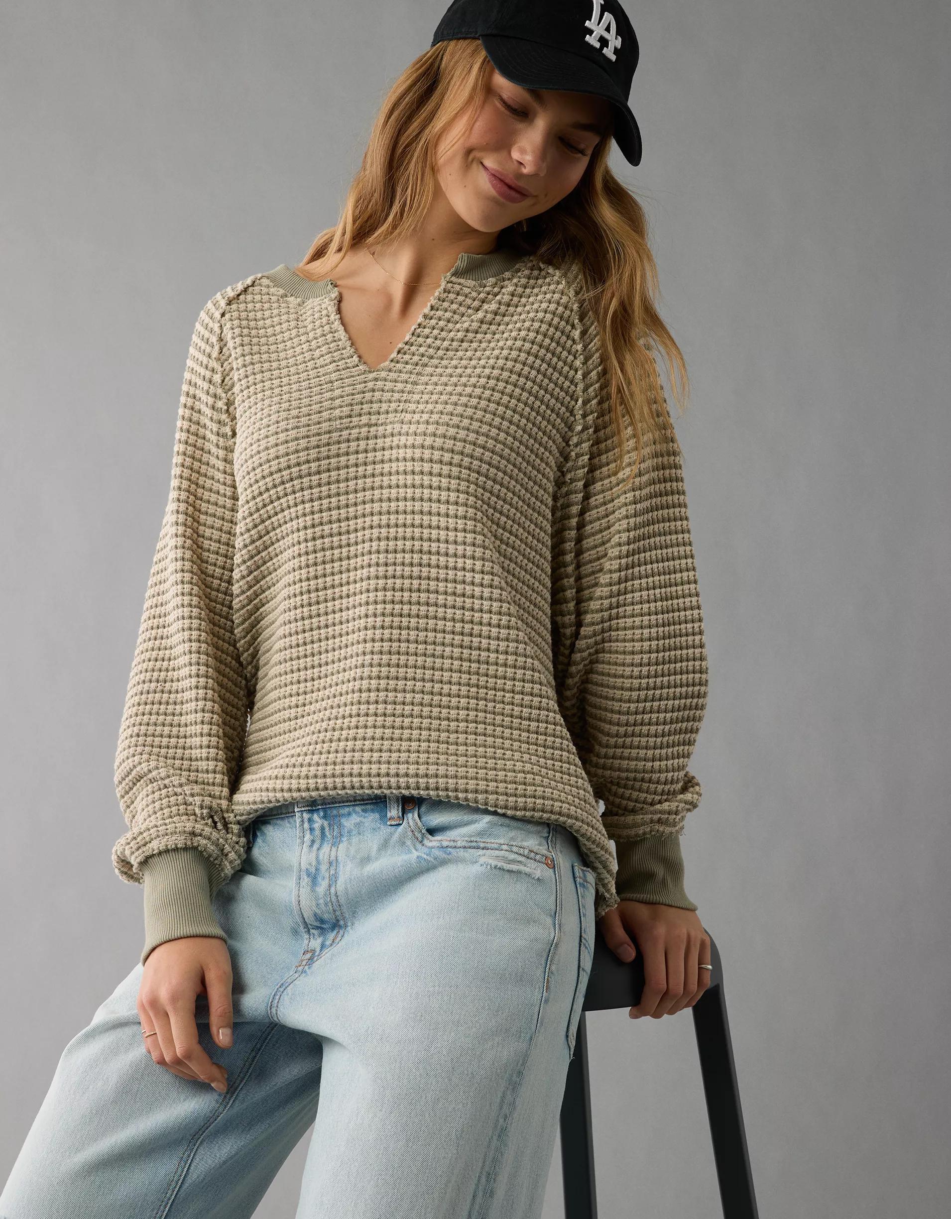 AE Big Hug Notch Neck Waffle Sweatshirt Product Image