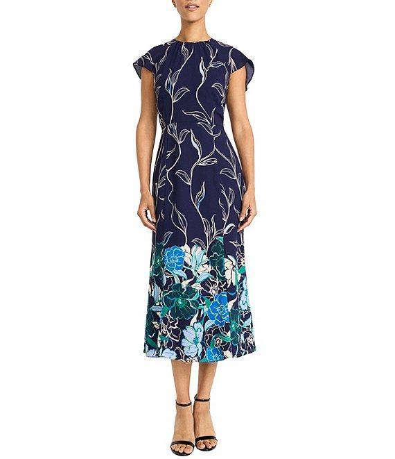 Maggy London Printed Georgette Crew Neck Short Sleeve Back Ruffle A-Line Dress Product Image