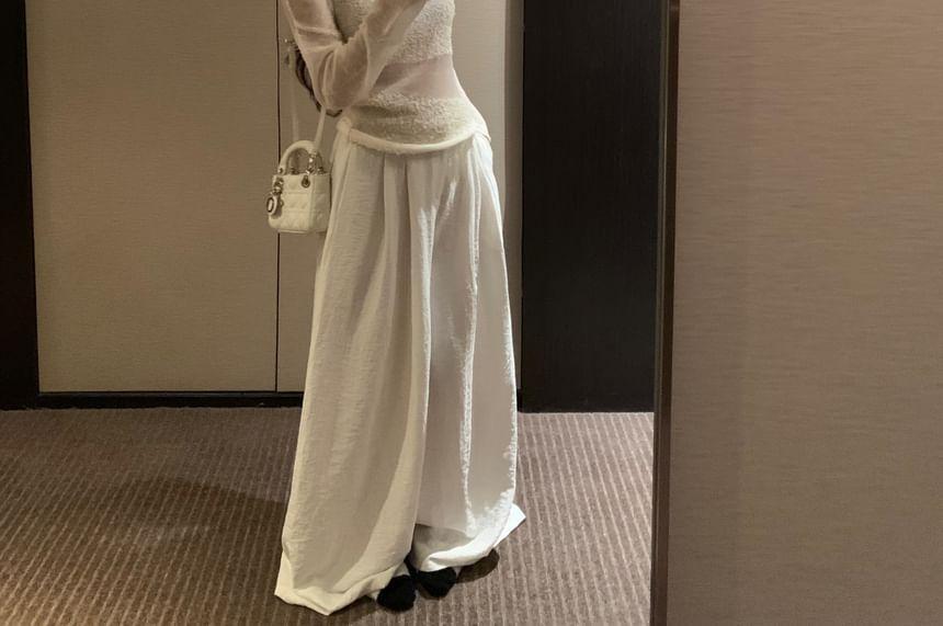 Long-Sleeve Off-Shoulder Plain Sheer Panel Slim Fit Knit Top / High Rise Wide Leg Pants Product Image