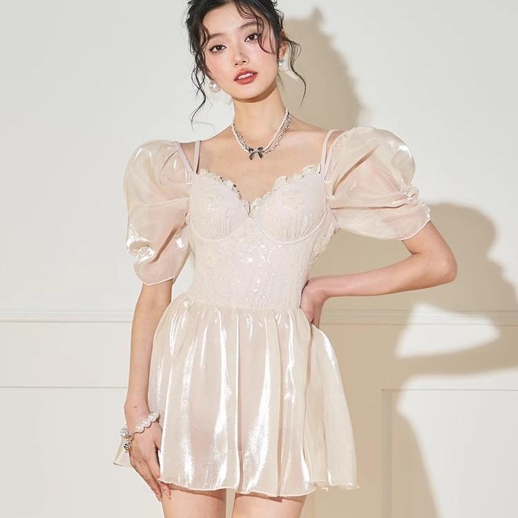 Short Sleeve Sweetheart Neck Floral Patterned Sequin Swimdress Product Image