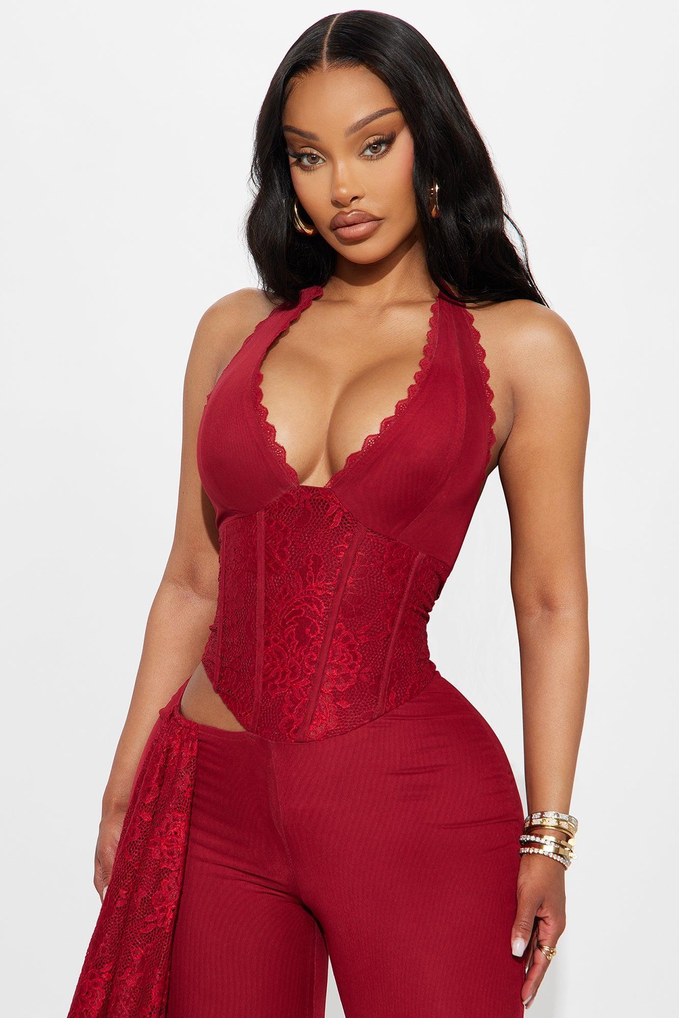 Melrose Mesh Halter Corset Jumpsuit - Burgundy Product Image