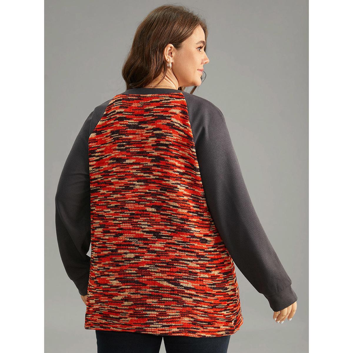 Plus Size Contrast Heather Waffle Knit Raglan Sleeve Sweatshirt Women DimGray Elegant Waffle Knit Notched collar Dailywear Sweatshirts BloomChic 12/L Product Image