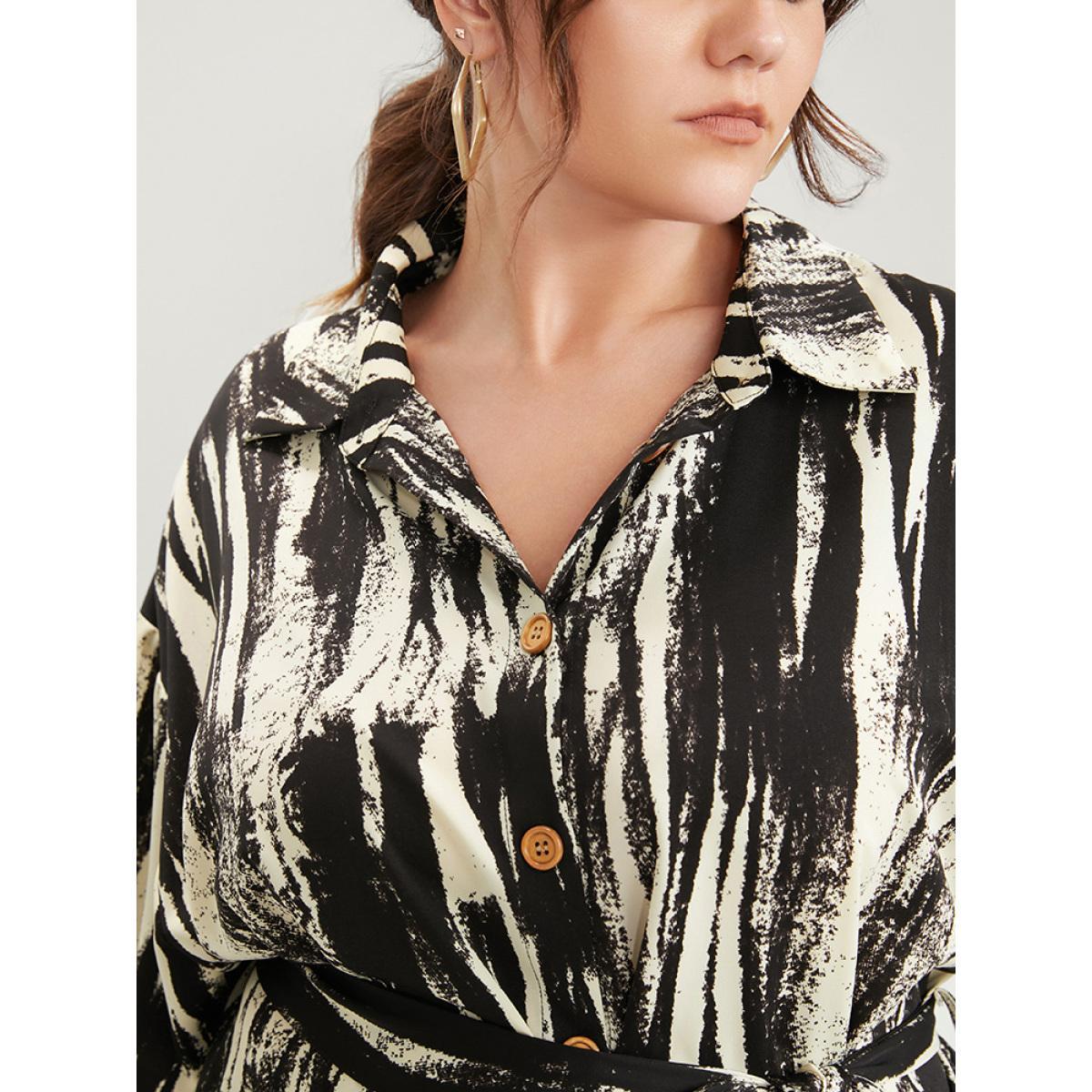 Plus Size Shirt Collar Pocket Belted Button Up Dress Black Women Office Belted Shirt collar Long Sleeve Curvy Midi Dress BloomChic 30/6X Product Image