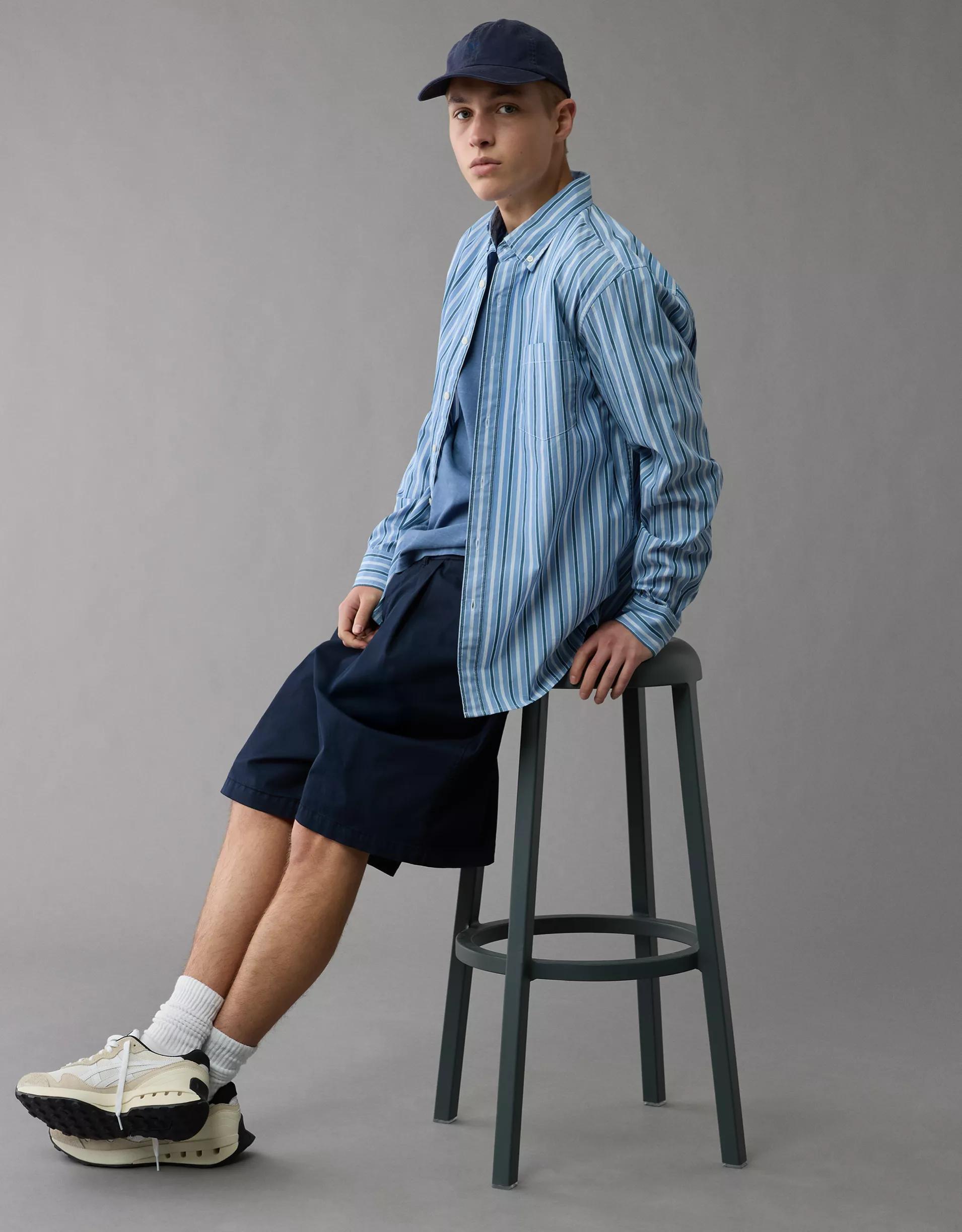 AE Everyday Poplin Striped Button-Up Shirt Product Image