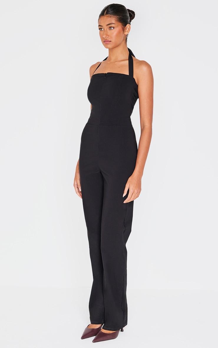 Black Stretch Woven Thick Halterneck Strap Straight Leg Jumpsuit Product Image