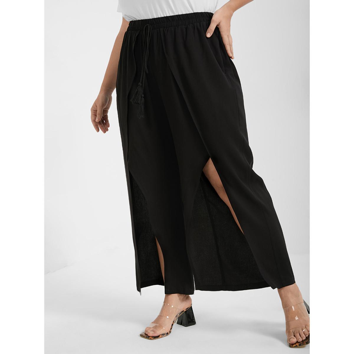 Plus Size Solid Wrap Split Pocket Knot Waist Pants Women Black Casual Wide Leg High Rise Dailywear Pants BloomChic 30/6X Product Image