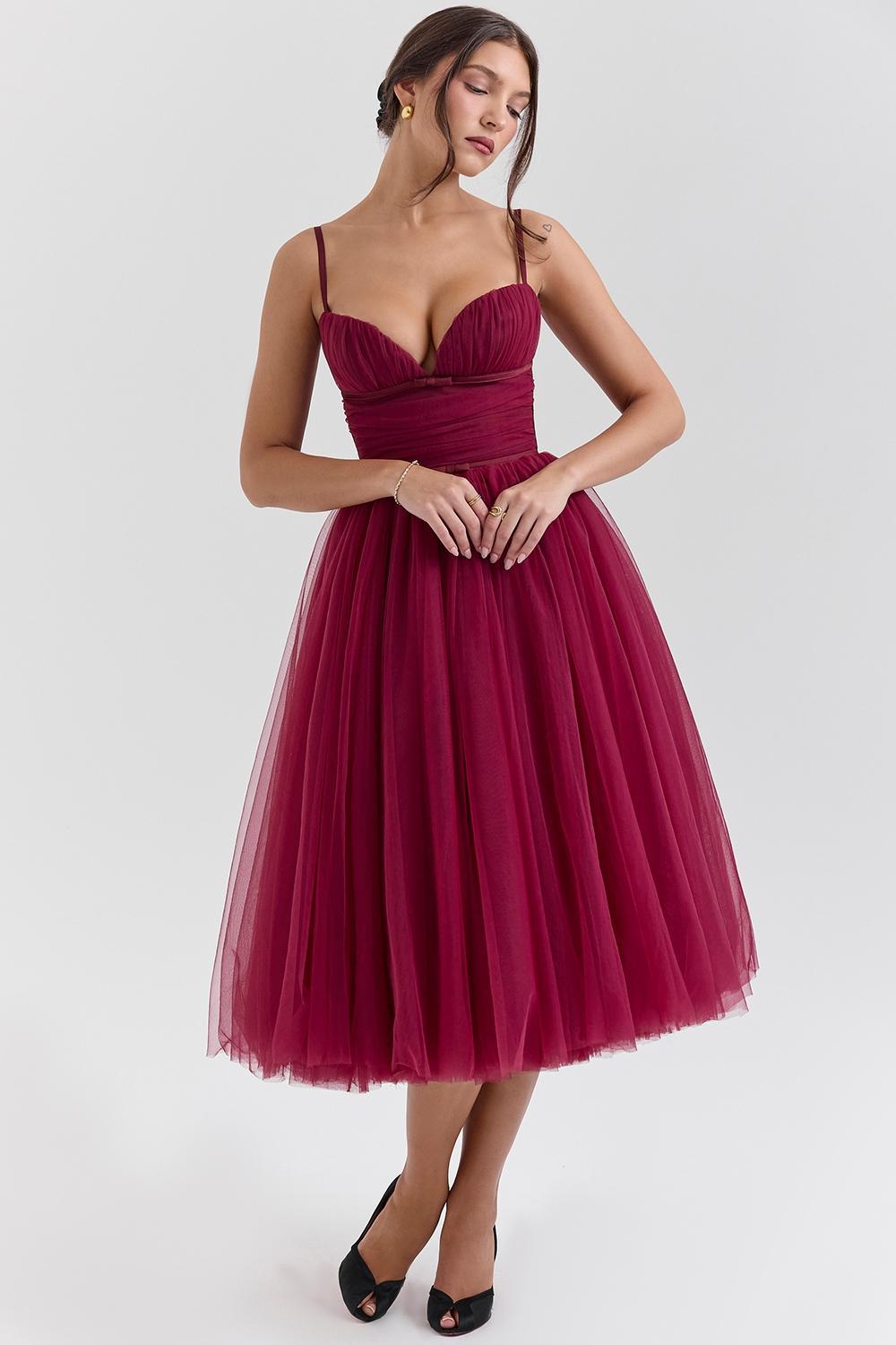 Countess Cabernet Tulle Midi Dress Product Image
