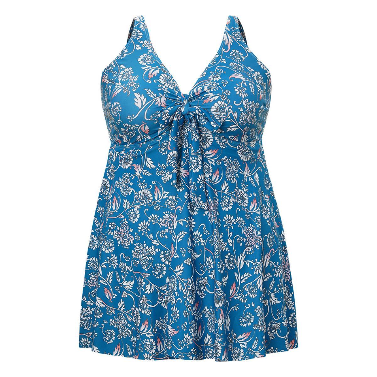 Plus Size Floral Print Ruffle Hem Knot Front Ruched Swim Dress Women's Swimwear Blue Vacation Bodycon V-neck High stretch Curve Swim Dresses BloomChic 10/M Product Image