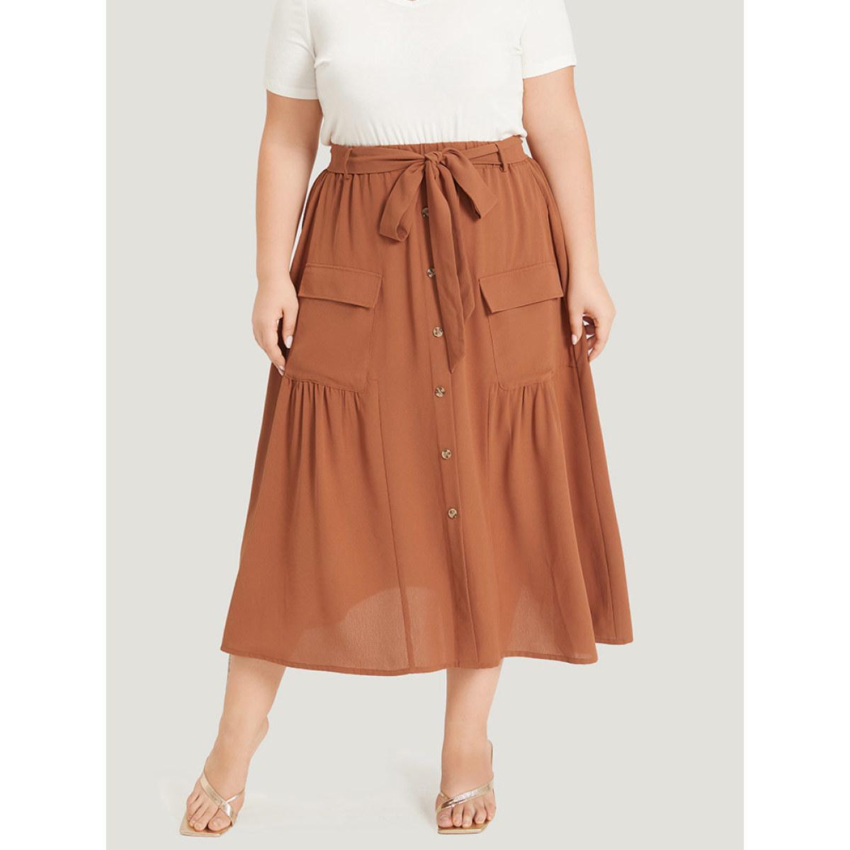 Plus Size Contrast Button Detail Flap Pocket Gathered Skirt Women OrangeRed Elegant Belted No stretch Pocket Dailywear Skirts BloomChic 30/6X Product Image