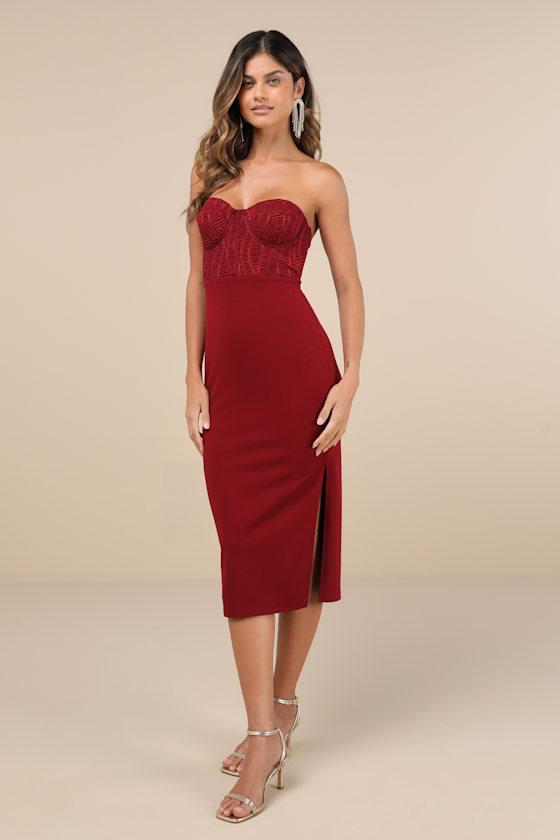 Passionate Aura Wine Red Textured Strapless Bustier Midi Dress Product Image
