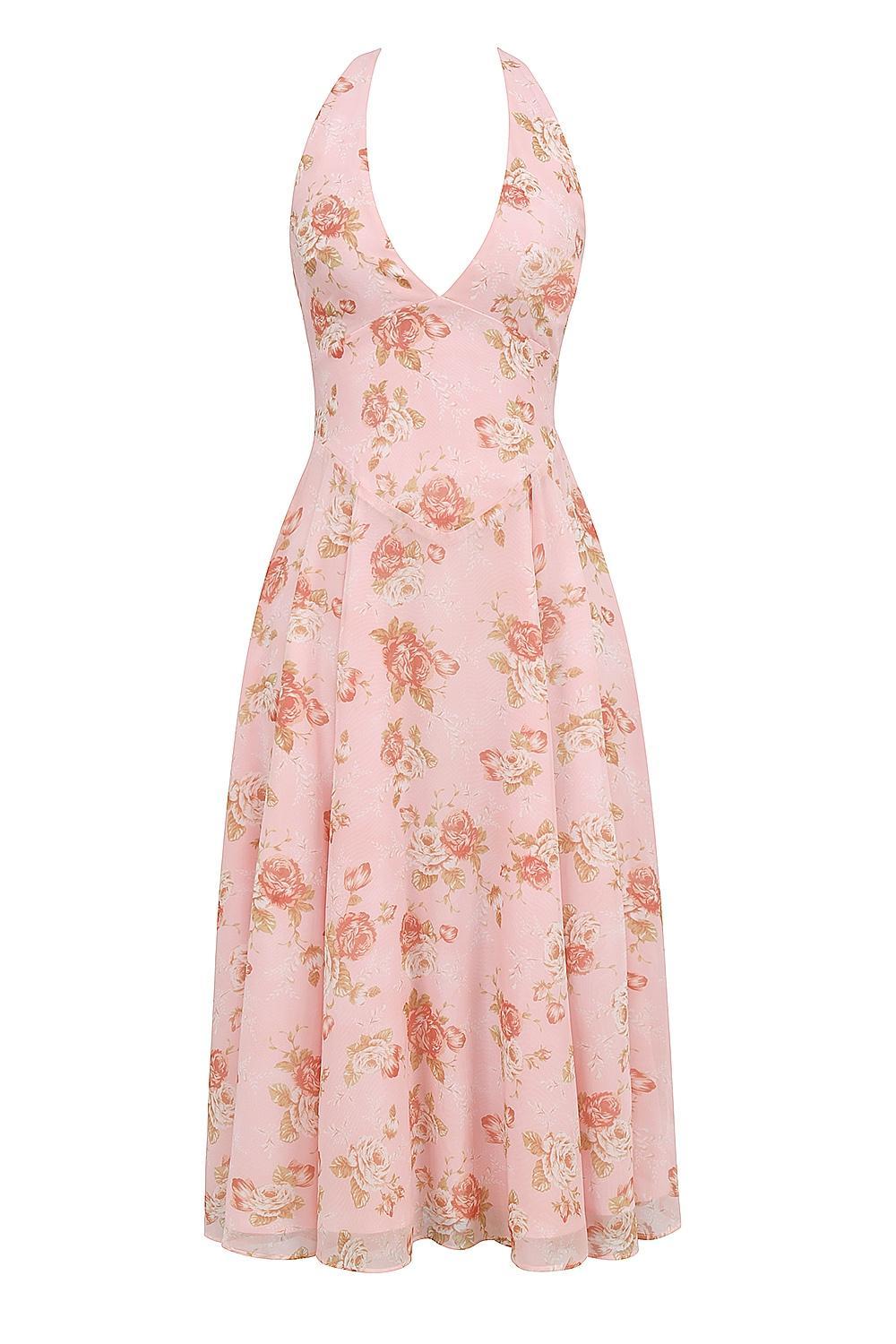 Solada English Vintage Rose Print Georgette Halter Sundress Product Image