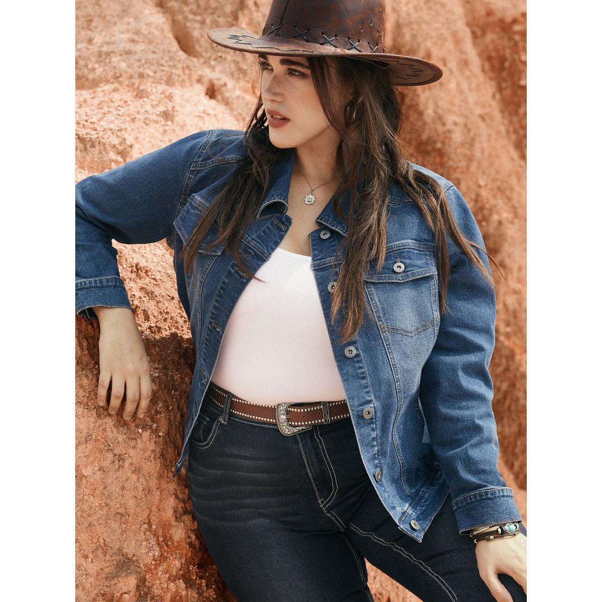 Women Stretch Denim Pockets Slim-Fit Jacket Midblue Plus Size Button Everyday Slanted pocket Casual Denim Jackets BloomChic 10/M Product Image