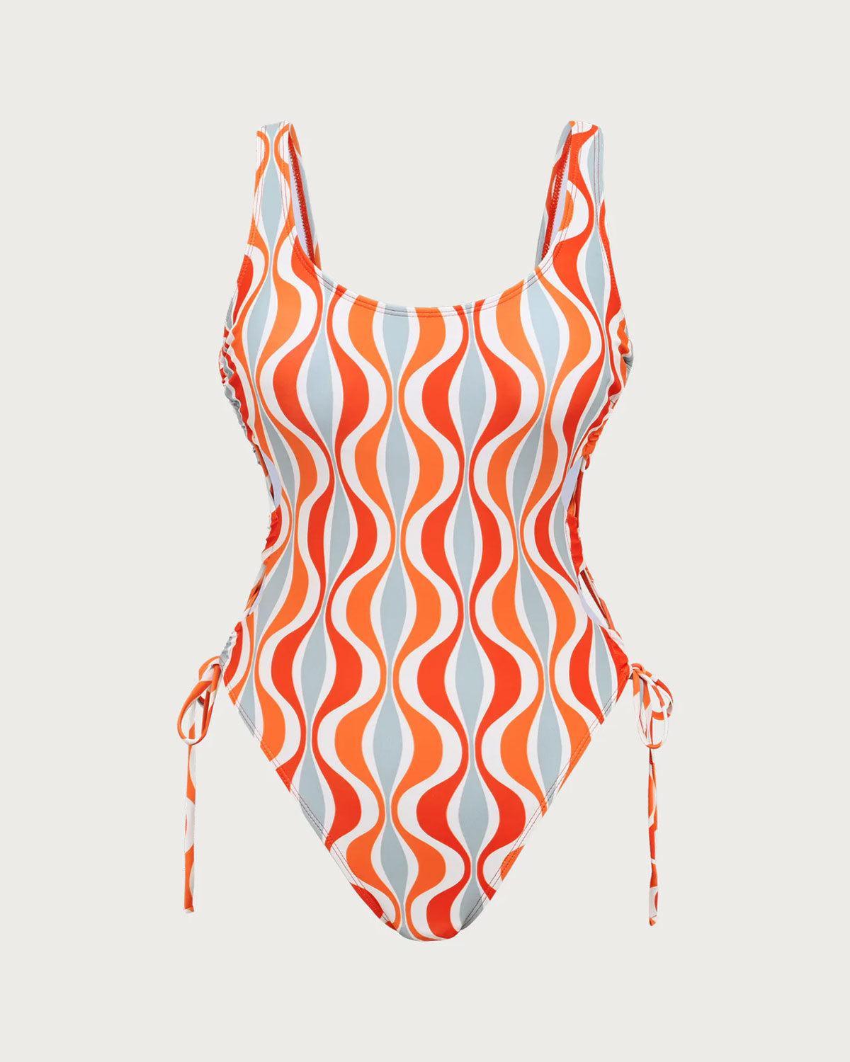 Orange Knitted Geometric Print Cutout One-Piece Swimsuit Product Image