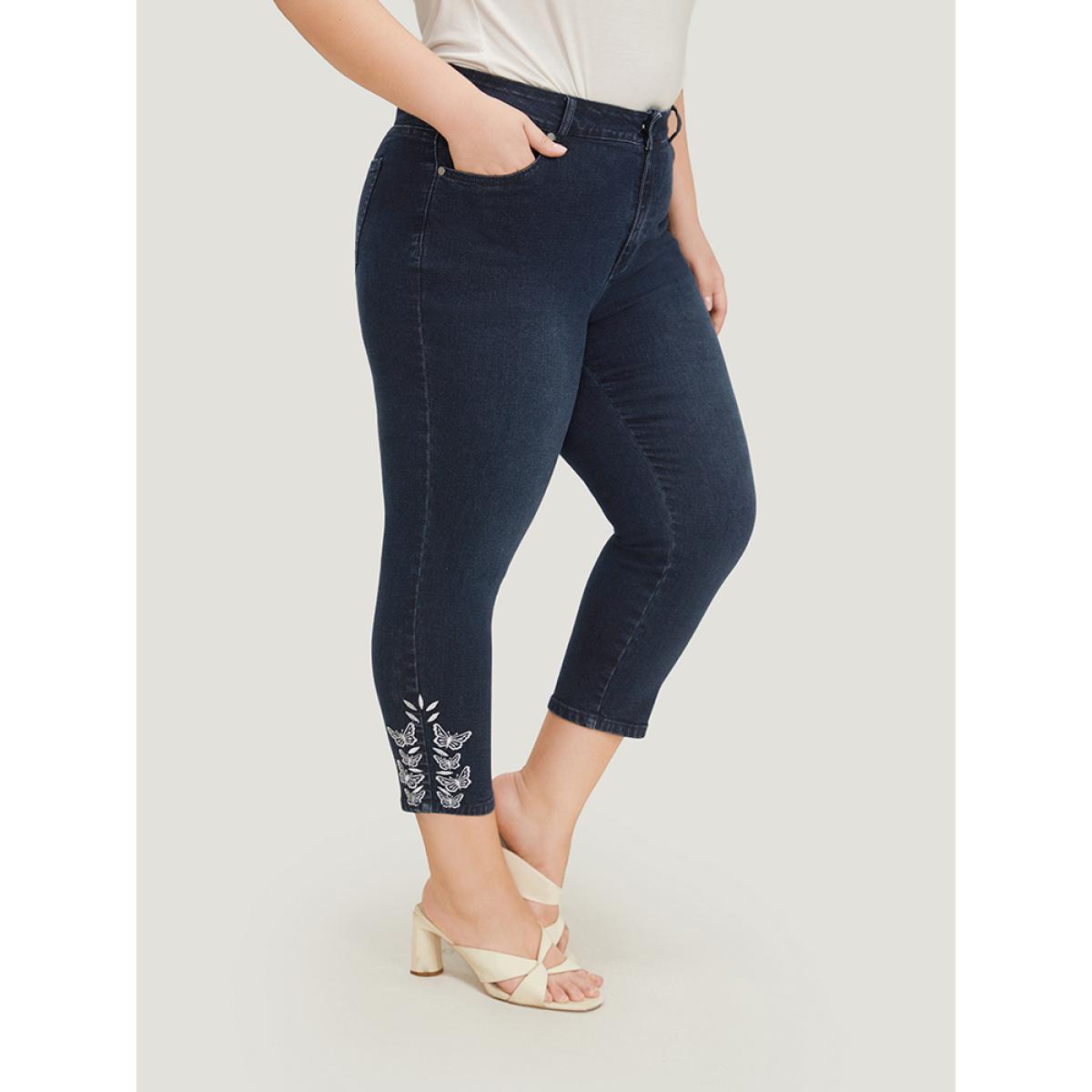 Plus Size Very Stretchy High Rise Dark Wash Butterfly Embroidered Jeans Women DarkBlue Casual Plain Embroidered High stretch Pocket Jeans BloomChic 14/1X Product Image
