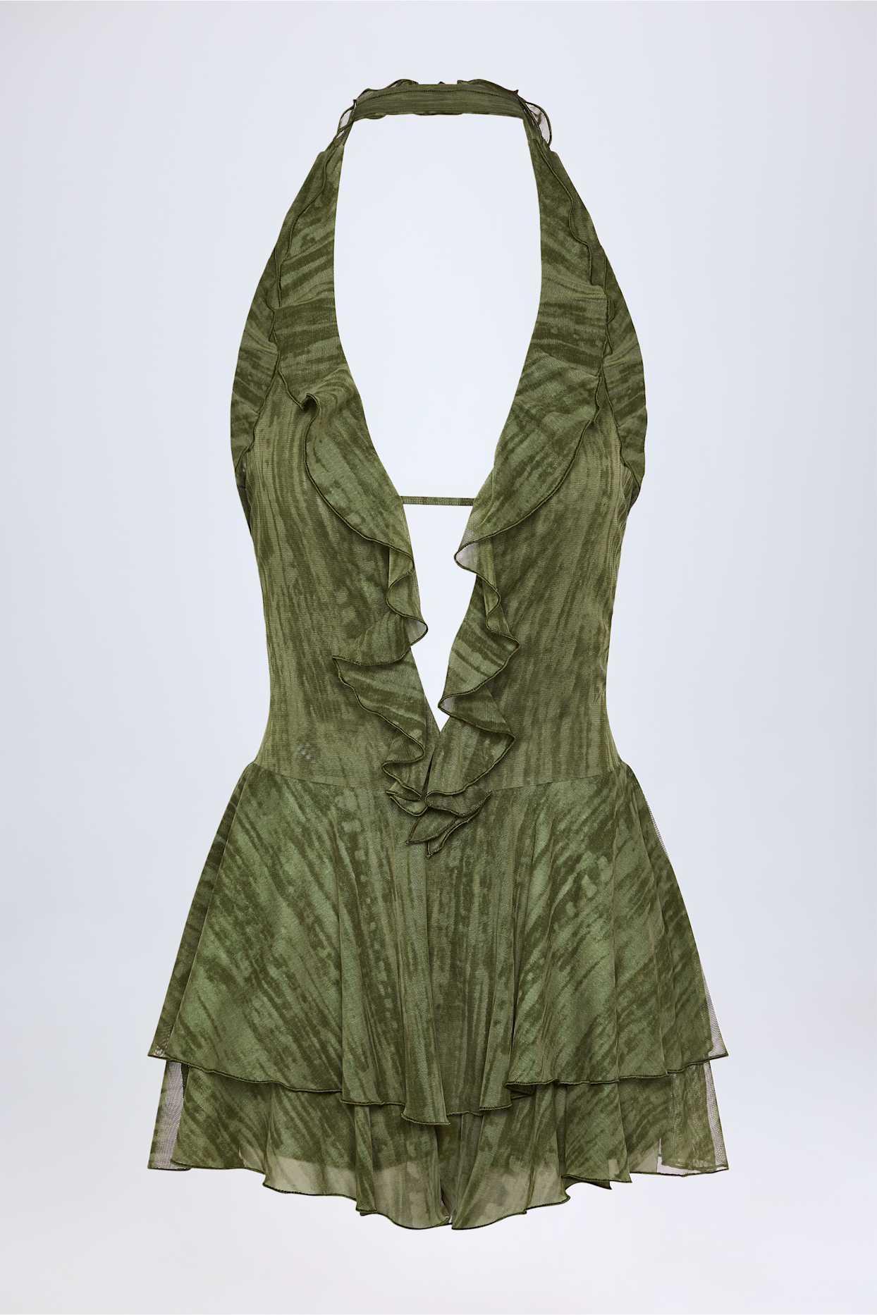 Ruffled Plunge Halterneck Playsuit in Green Print Product Image