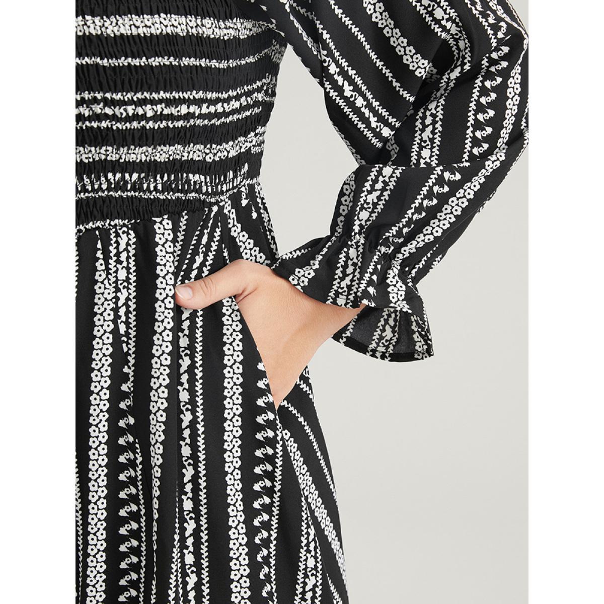 Plus Size Striped Square Neck Lantern Sleeve Pocket Shirred Split Dress Black Women Vacation Pocket Square Neck Long Sleeve Curvy Midi Dress BloomChic 22-24/3X Product Image