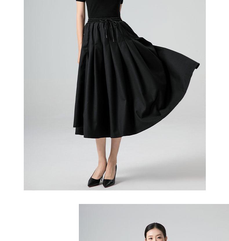 Drawstring Waist Plain Asymmetrical Pleated Midi A-Line Skirt Product Image