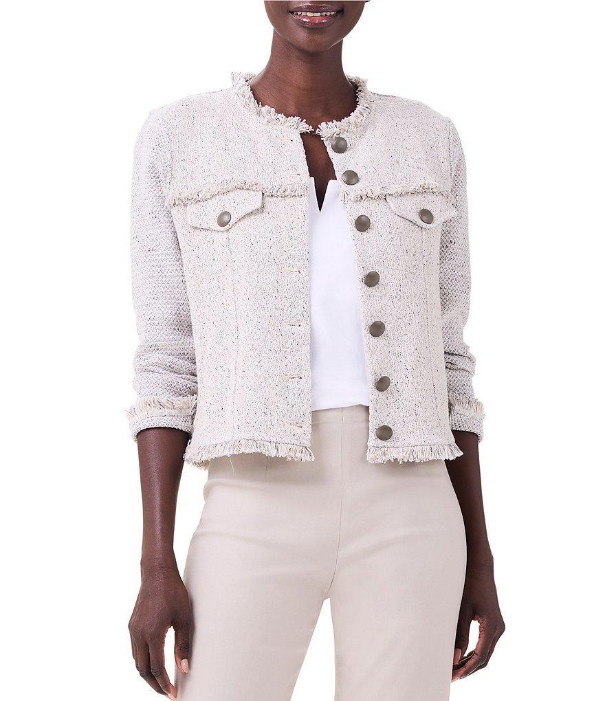 NIC + ZOE Fringe Trim Mix Knit Round Neck Long Sleeve Button Front Fashion Jacket Product Image